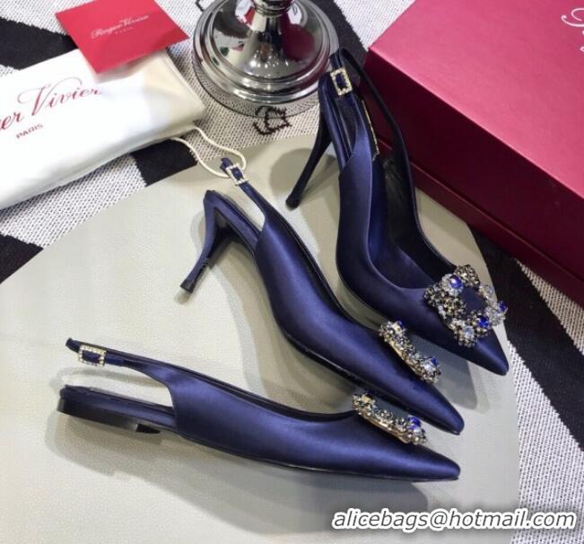 Best Grade Roger Vivier Silk Flower Strass Buckle Sling Back Pump With 7cm Heel Royal Blue 052657