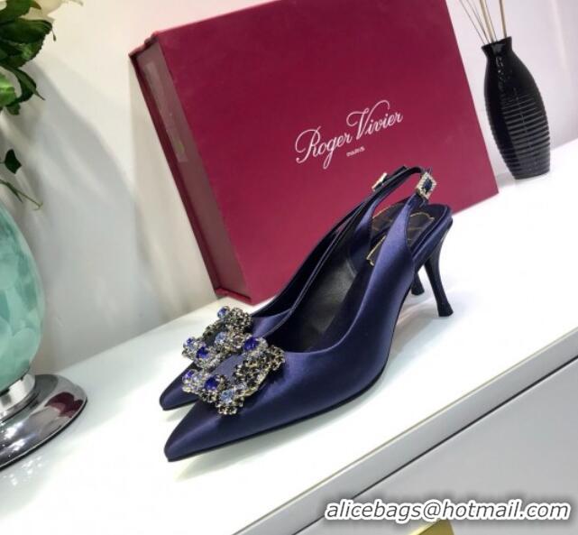 Best Grade Roger Vivier Silk Flower Strass Buckle Sling Back Pump With 7cm Heel Royal Blue 052657