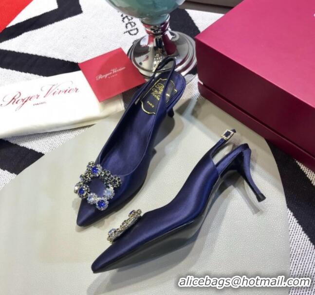 Best Grade Roger Vivier Silk Flower Strass Buckle Sling Back Pump With 7cm Heel Royal Blue 052657