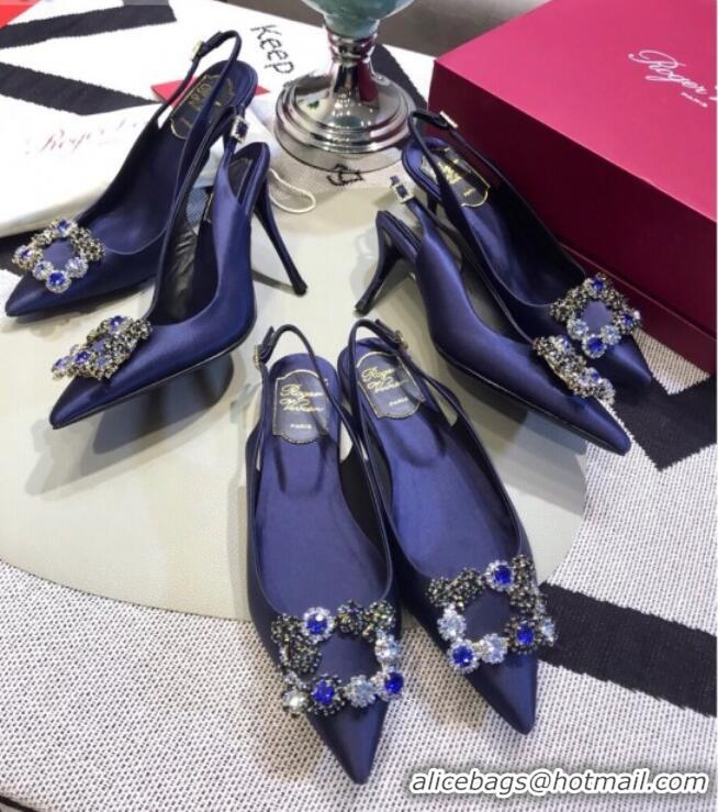 Best Grade Roger Vivier Silk Flower Strass Buckle Sling Back Pump With 7cm Heel Royal Blue 052657