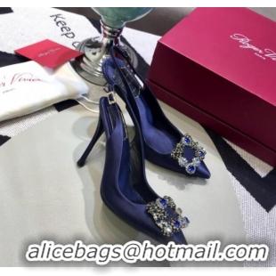 Low Price Roger Vivier Silk Flower Strass Buckle Sling Back Pump With 10cm Heel Royal Blue 052658