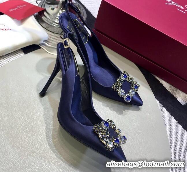 Low Price Roger Vivier Silk Flower Strass Buckle Sling Back Pump With 10cm Heel Royal Blue 052658