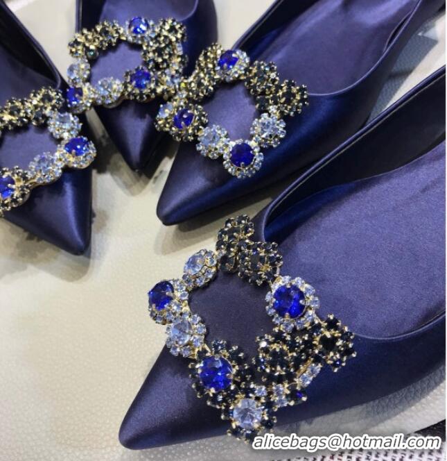 Low Price Roger Vivier Silk Flower Strass Buckle Sling Back Pump With 10cm Heel Royal Blue 052658