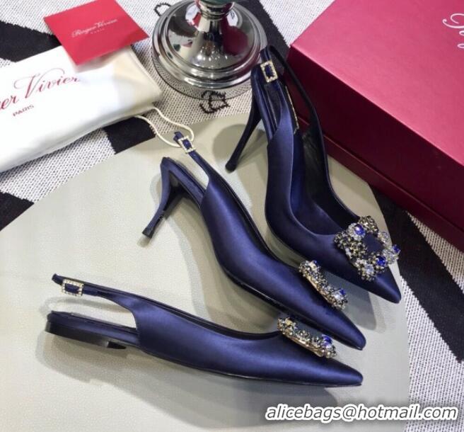 Low Price Roger Vivier Silk Flower Strass Buckle Sling Back Pump With 10cm Heel Royal Blue 052658