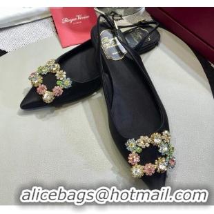 Cute Roger Vivier Silk Flower Strass Buckle Sling Back Ballerinas in Black 052701