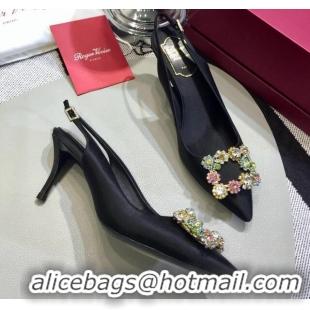 Top Design Roger Vivier Silk Flower Strass Buckle Sling Back Pump With 7cm Heel Black/Multicolor Cystal 052702