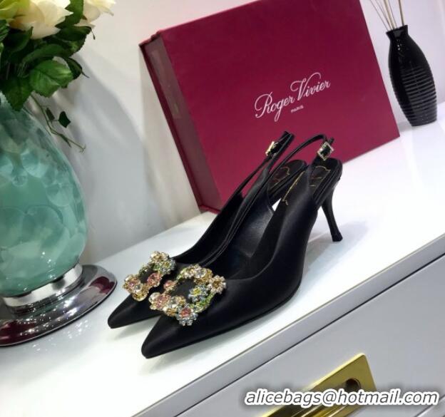 Top Design Roger Vivier Silk Flower Strass Buckle Sling Back Pump With 7cm Heel Black/Multicolor Cystal 052702