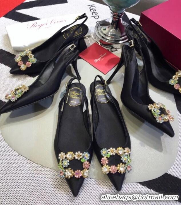 Top Design Roger Vivier Silk Flower Strass Buckle Sling Back Pump With 7cm Heel Black/Multicolor Cystal 052702