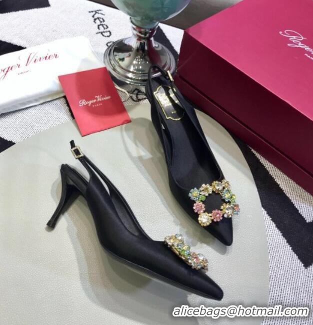 Top Design Roger Vivier Silk Flower Strass Buckle Sling Back Pump With 7cm Heel Black/Multicolor Cystal 052702