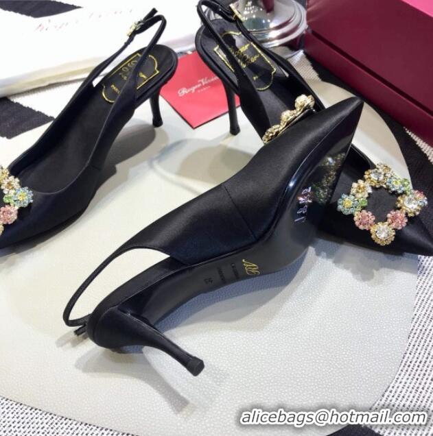 Top Design Roger Vivier Silk Flower Strass Buckle Sling Back Pump With 7cm Heel Black/Multicolor Cystal 052702