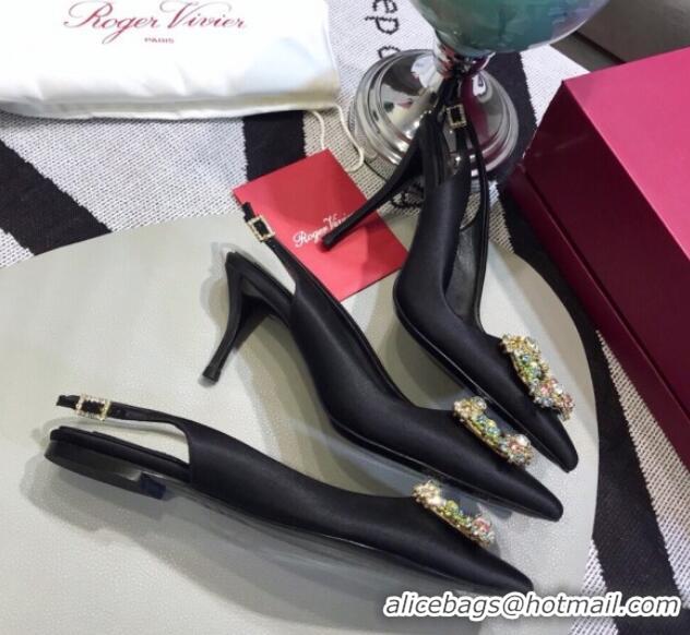 Top Design Roger Vivier Silk Flower Strass Buckle Sling Back Pump With 7cm Heel Black/Multicolor Cystal 052702