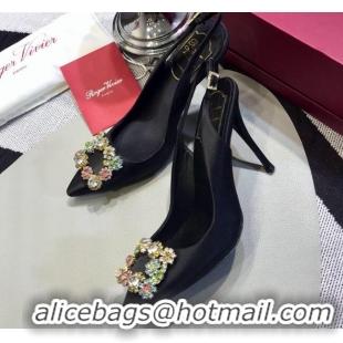 Super Quality Roger Vivier Silk Flower Strass Buckle Sling Back Pump With 10cm Heel Black/Multicolor Cystal 052703