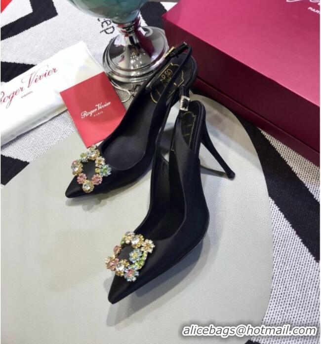 Super Quality Roger Vivier Silk Flower Strass Buckle Sling Back Pump With 10cm Heel Black/Multicolor Cystal 052703