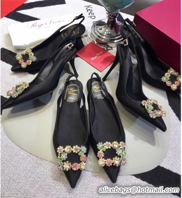 Super Quality Roger Vivier Silk Flower Strass Buckle Sling Back Pump With 10cm Heel Black/Multicolor Cystal 052703