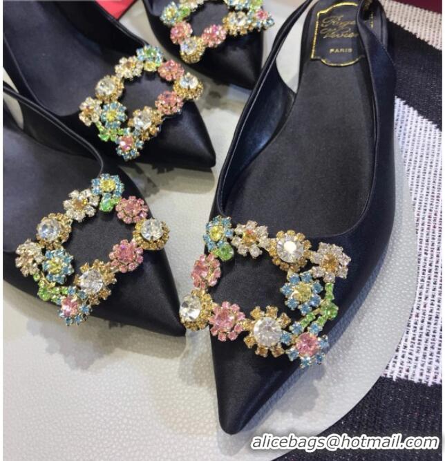 Super Quality Roger Vivier Silk Flower Strass Buckle Sling Back Pump With 10cm Heel Black/Multicolor Cystal 052703