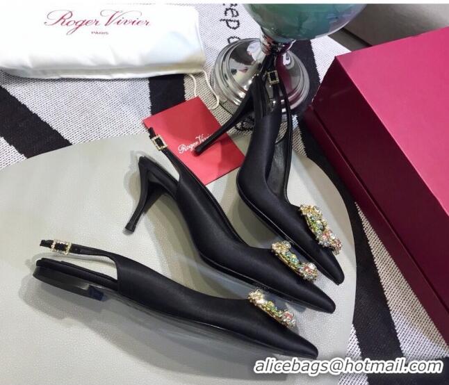 Super Quality Roger Vivier Silk Flower Strass Buckle Sling Back Pump With 10cm Heel Black/Multicolor Cystal 052703