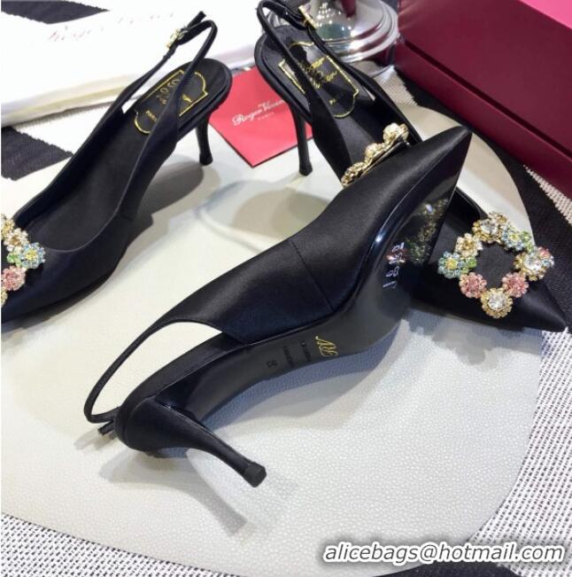 Super Quality Roger Vivier Silk Flower Strass Buckle Sling Back Pump With 10cm Heel Black/Multicolor Cystal 052703