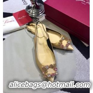 Best Luxury Roger Vivier Silk Flower Strass Buckle Sling Back Ballerinas in Champagne 052704