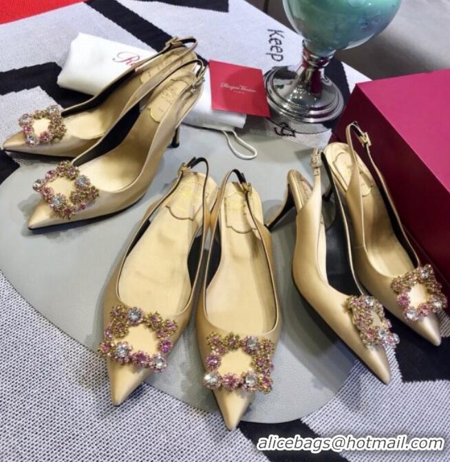 Grade Design Roger Vivier Silk Flower Strass Buckle Sling Back Pump With 7cm Heel Champagne 052705