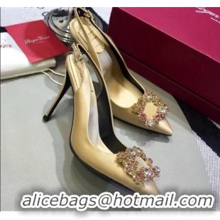 Good Quality Roger Vivier Silk Flower Strass Buckle Sling Back Pump With 10cm Heel Champagne 052706