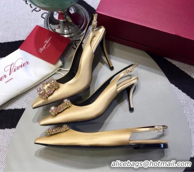 Good Quality Roger Vivier Silk Flower Strass Buckle Sling Back Pump With 10cm Heel Champagne 052706