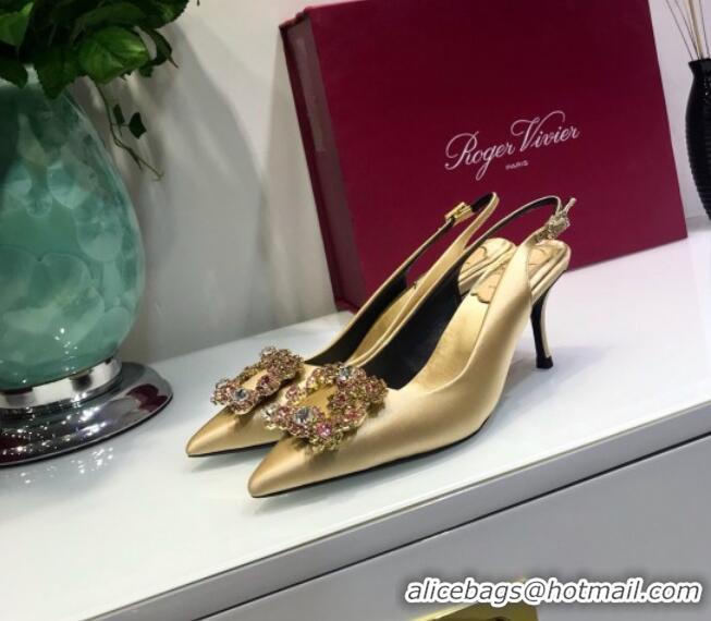 Good Quality Roger Vivier Silk Flower Strass Buckle Sling Back Pump With 10cm Heel Champagne 052706