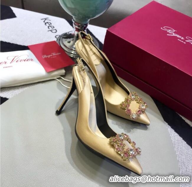 Good Quality Roger Vivier Silk Flower Strass Buckle Sling Back Pump With 10cm Heel Champagne 052706