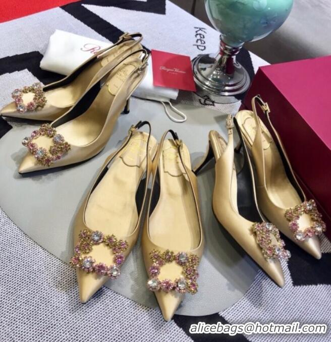 Good Quality Roger Vivier Silk Flower Strass Buckle Sling Back Pump With 10cm Heel Champagne 052706