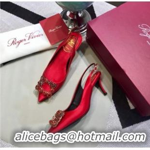 Custom Roger Vivier Silk Flower Strass Buckle Sling Back Pump With 7cm Heel Red 052707