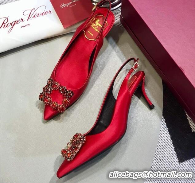 Custom Roger Vivier Silk Flower Strass Buckle Sling Back Pump With 7cm Heel Red 052707