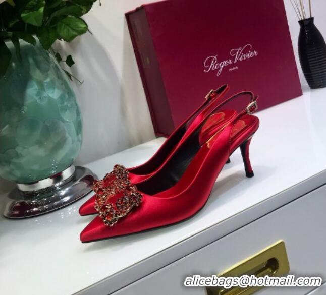 Custom Roger Vivier Silk Flower Strass Buckle Sling Back Pump With 7cm Heel Red 052707