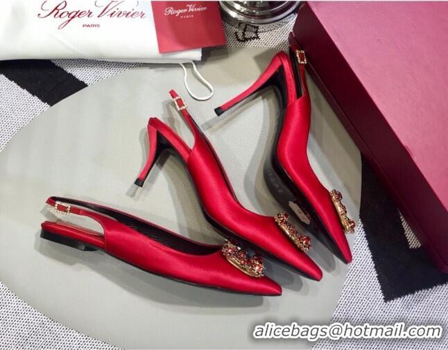 Custom Roger Vivier Silk Flower Strass Buckle Sling Back Pump With 7cm Heel Red 052707