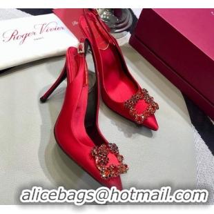 New Design Roger Vivier Silk Flower Strass Buckle Sling Back Pump With 10cm Heel Red 052707