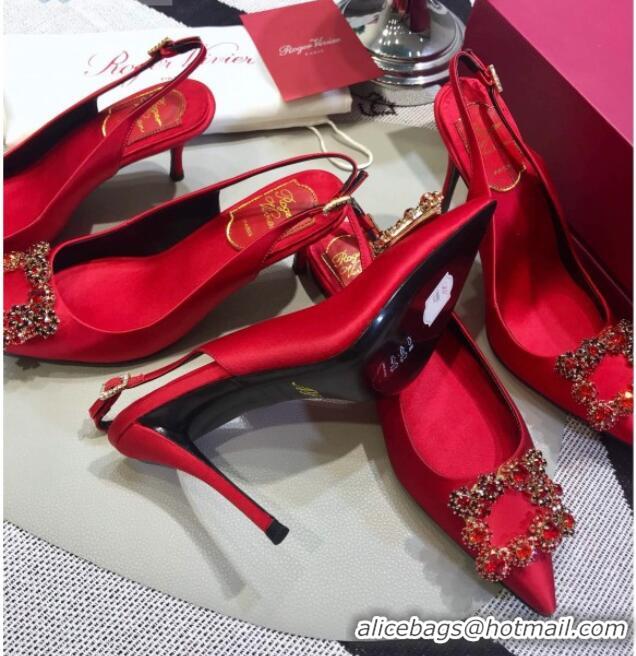 New Design Roger Vivier Silk Flower Strass Buckle Sling Back Pump With 10cm Heel Red 052707