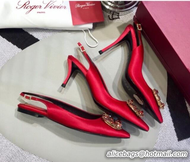 New Design Roger Vivier Silk Flower Strass Buckle Sling Back Pump With 10cm Heel Red 052707