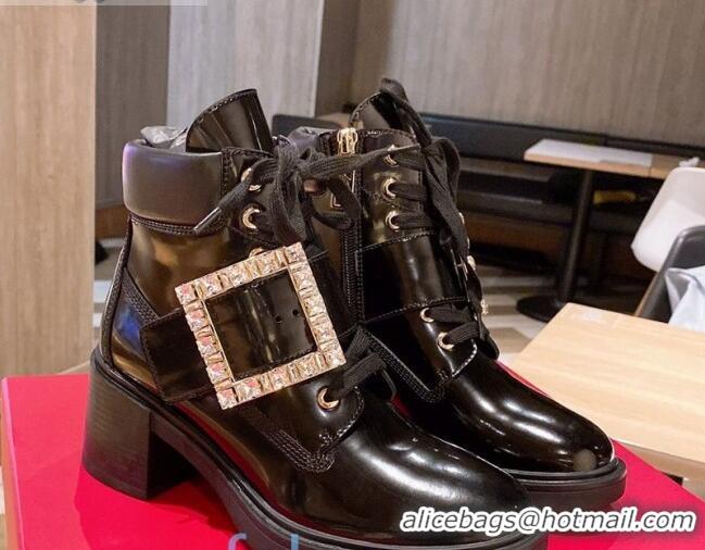 New Style Roger Vivier Viv Ranger Calfskin Short Boots with Crystal Buckle Black 091058