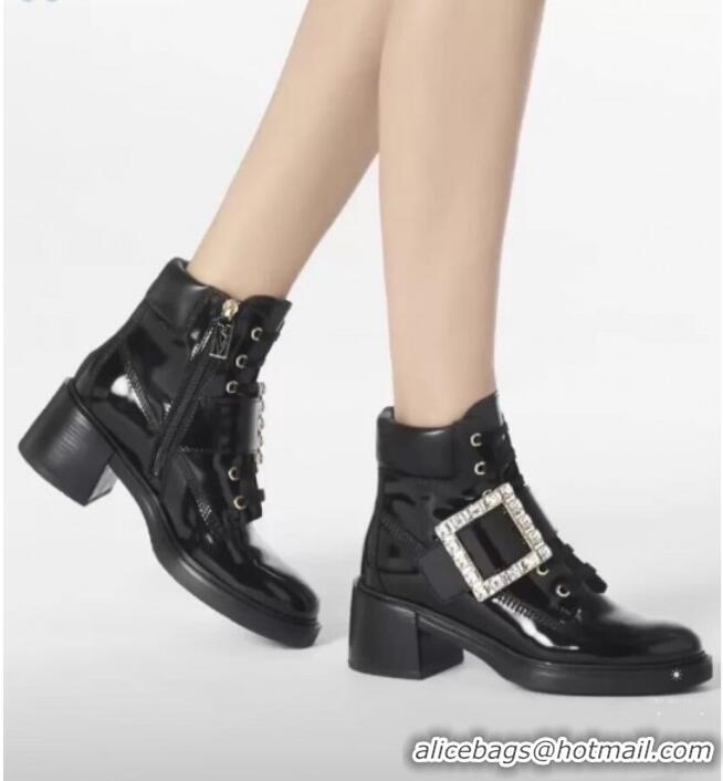 New Style Roger Vivier Viv Ranger Calfskin Short Boots with Crystal Buckle Black 091058