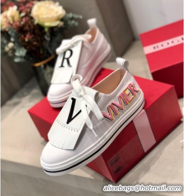 Well Crafted Roger Vivier Canvas Sneakers with Detachable Tassel White 111448