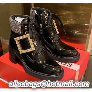 Best Design Roger Vivier Patent Leather Short Boots with Buckle Strap Black 120276