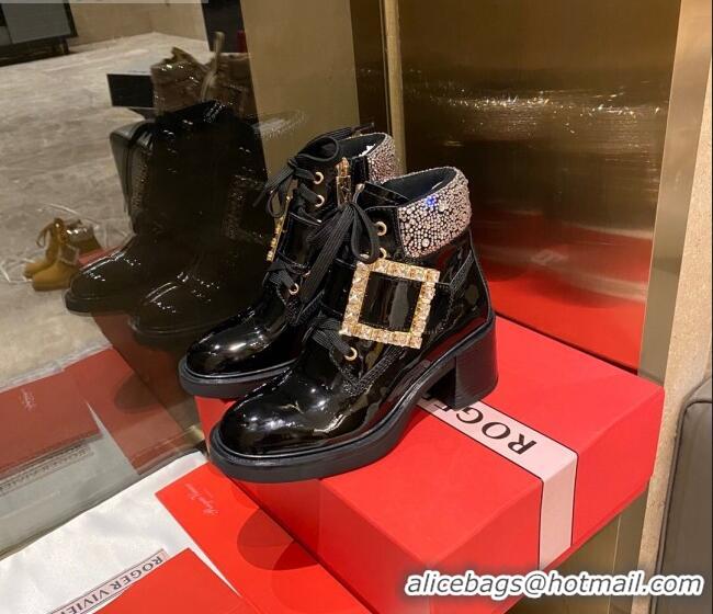 Best Design Roger Vivier Patent Leather Short Boots with Buckle Strap Black 120276