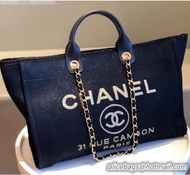 Free Shipping Chanel Deauville Shiny Denim Maxi Shopping Bag A93786 Blue 2021 09