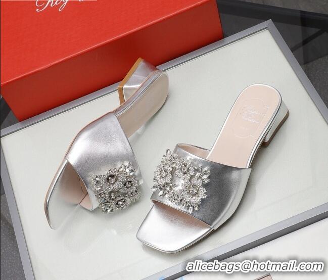 Fashion Discount Roger Vivier Metallic Leather Slide Sandals 3cm Silver 030807