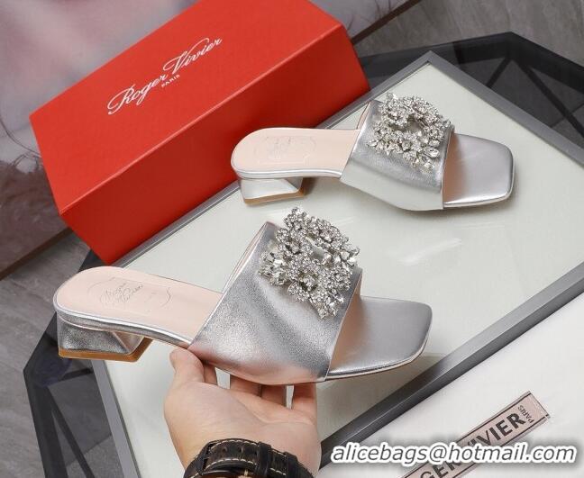 Fashion Discount Roger Vivier Metallic Leather Slide Sandals 3cm Silver 030807