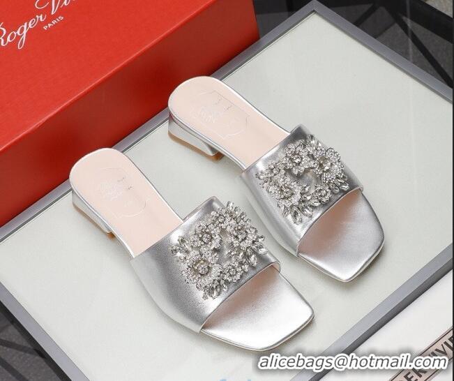 Fashion Discount Roger Vivier Metallic Leather Slide Sandals 3cm Silver 030807