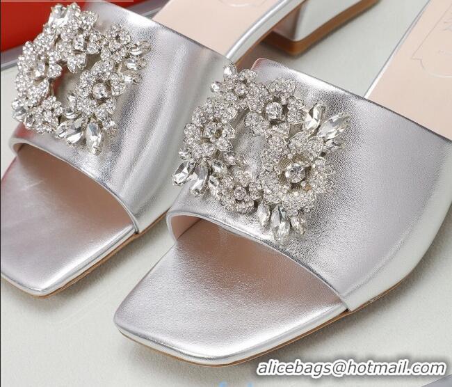 Fashion Discount Roger Vivier Metallic Leather Slide Sandals 3cm Silver 030807