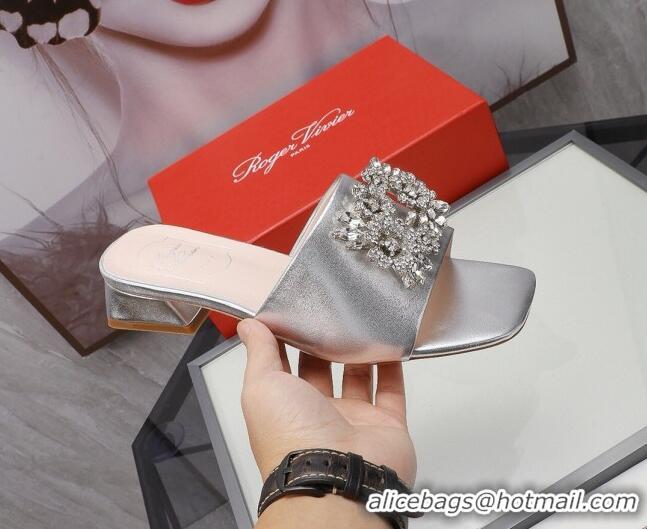 Fashion Discount Roger Vivier Metallic Leather Slide Sandals 3cm Silver 030807