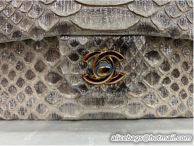 Grade Quality Chanel Classic Handbag Python Leather Silver A01112 Gold Hardware