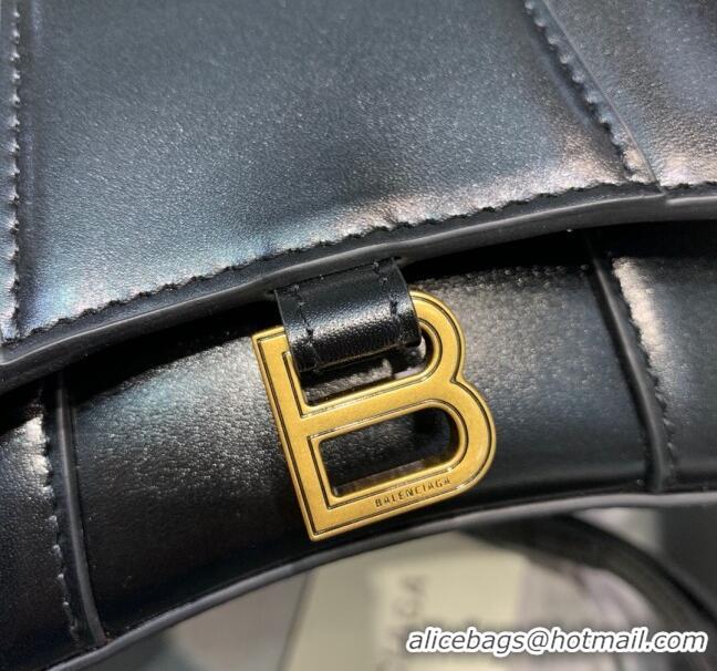 Discount Balenciaga Hourglass Mini Top Handle Bag in Shiny Box Calfskin B1419 Black/Gold 2020