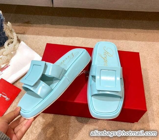 Duplicate Roger Vivier Leather Flat Vivier Slide Sandals 032920 Blue