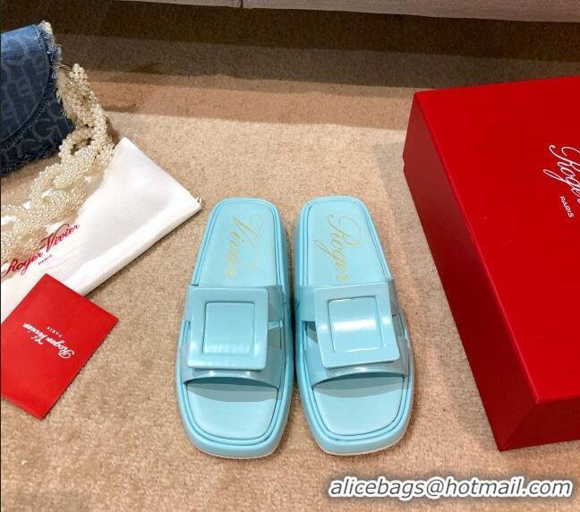 Duplicate Roger Vivier Leather Flat Vivier Slide Sandals 032920 Blue